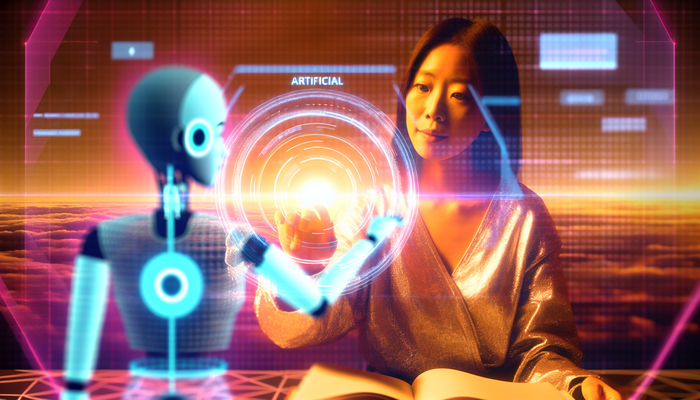 Человек общается голограммой